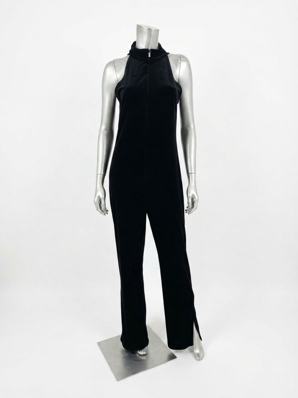 CDC Evening Vintage Black Velvet Jumpsuit Halter Mock Neck Zip 90s Y2K Wide Leg